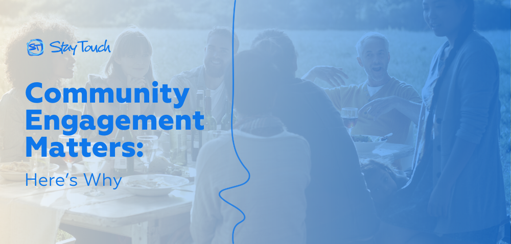 A community sits together at a picnic table, the words "Community Engagement Matters" are on the image.